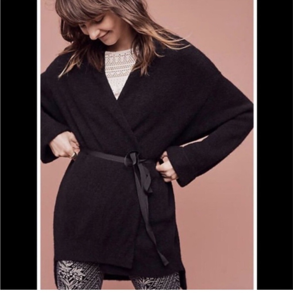 Anthropologie hi low long sweater Black wool blend Cardigan tie Belt S vallon
